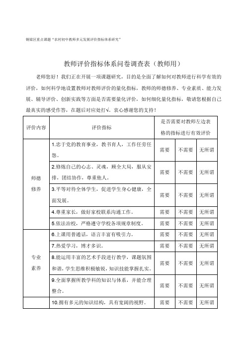 教师评价体系问卷调查表(教师用)