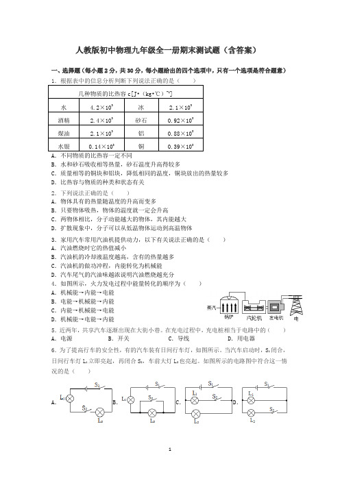 最新人教版初中物理九年级全一册期末测试题4