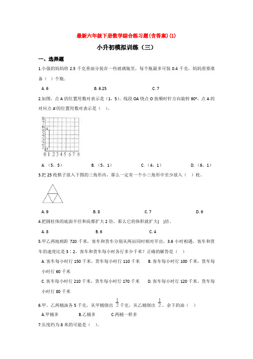 【3套试卷】天津市武清区雍阳中学小升初模拟考试数学试题