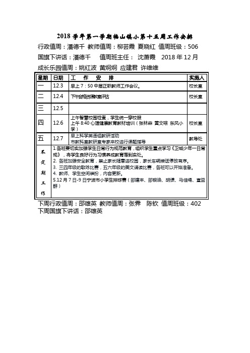 2018学年第一学期临山镇小第十五周工作安排