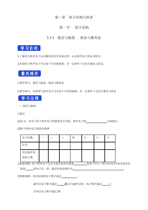 高中化学选择性必修二  第1章第1节 能层与能级 基态与激发态学案下学期(解析版)