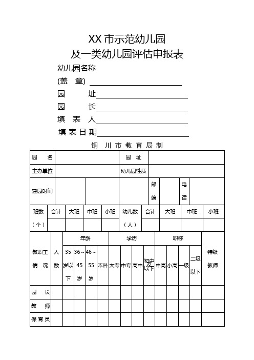 XX市示范幼儿园及一类幼儿园评估申报表【模板】