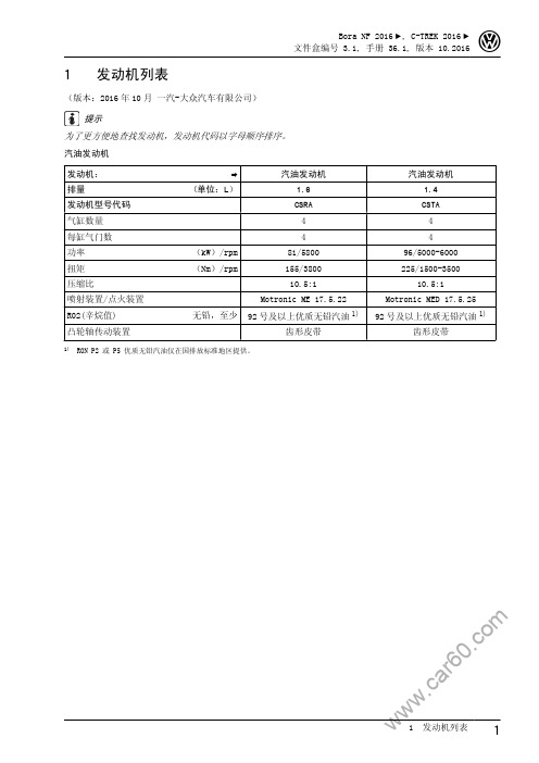 一汽大众蔚领维修手册-发动机列表