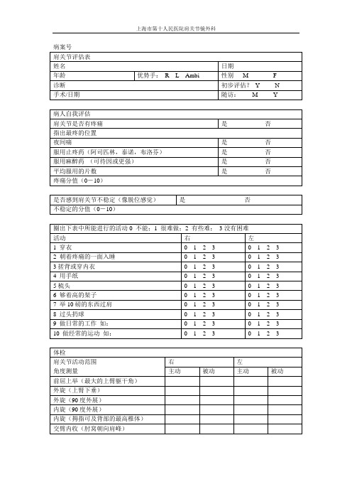 肩关节评估表 美国肩肘外科协会