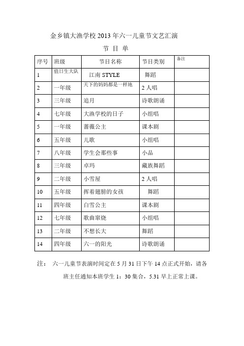 六一儿童节文艺汇演节目表