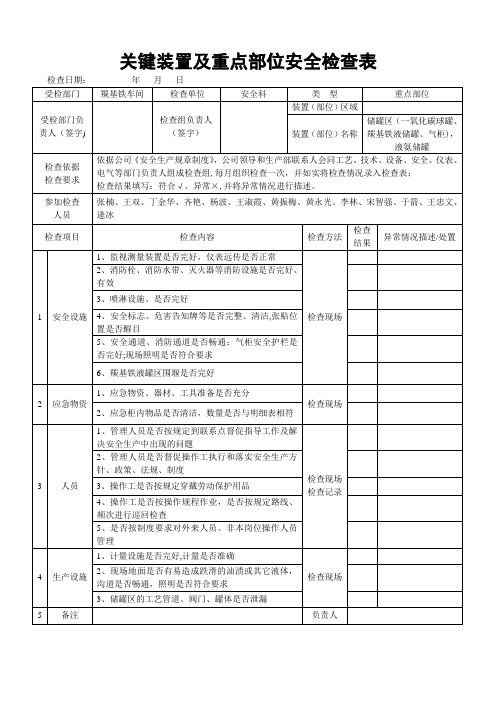 关键装置及重点部位安全检查表