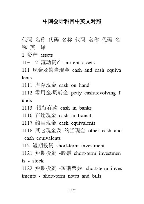 中国会计科目中英文对照