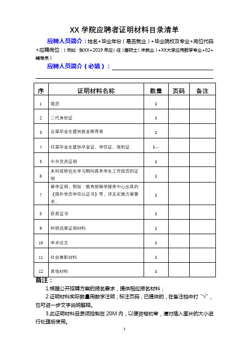 宁德师范学院应聘者证明材料目录清单【模板】