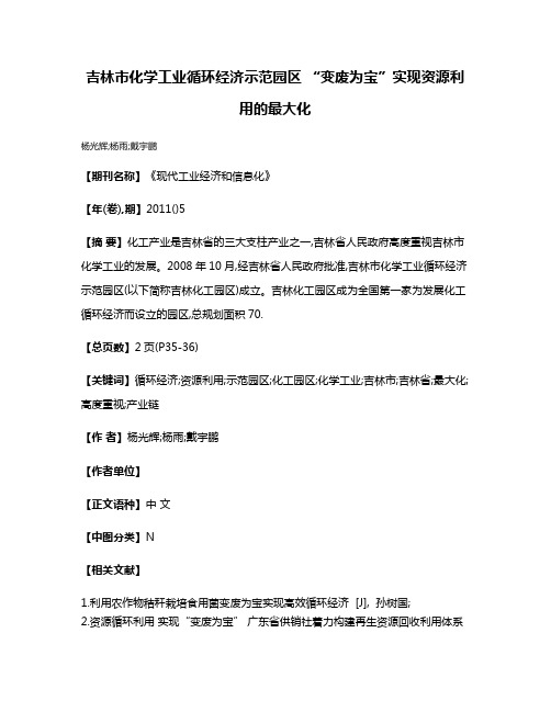 吉林市化学工业循环经济示范园区 “变废为宝”实现资源利用的最大化