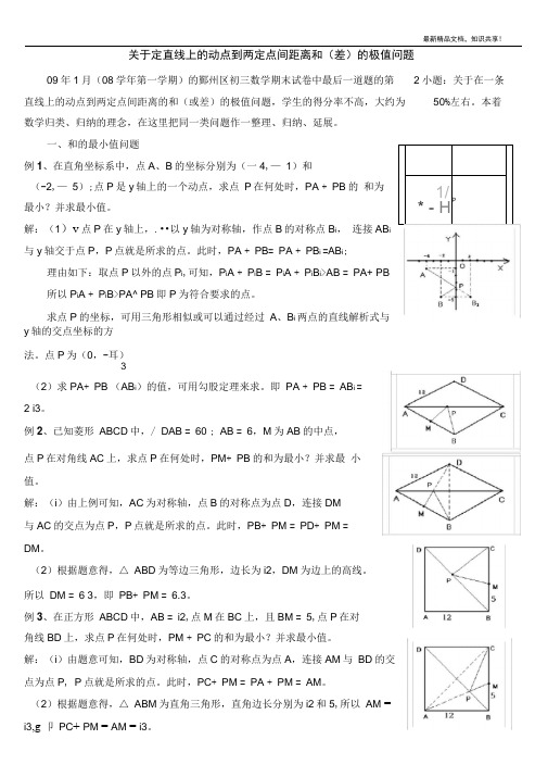 关于定直线上的动点到两定点间距离和(差)的极值问题