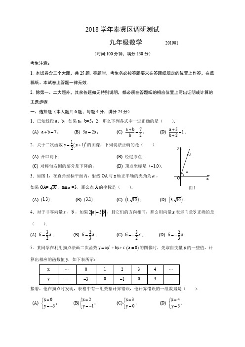 九年级数学(RJ)-2019奉贤区初三一模--精选练习