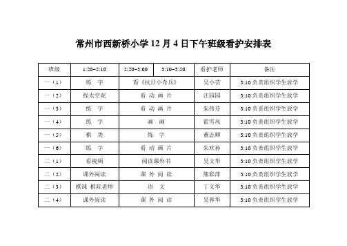 常州市西新桥小学12月4日下午班级看护安排表