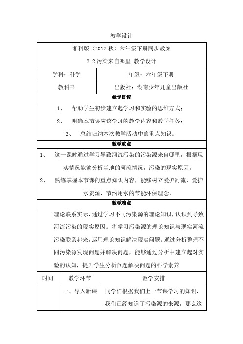 湘科版科学六年级下册《污染来自哪里》第十二课时 教案