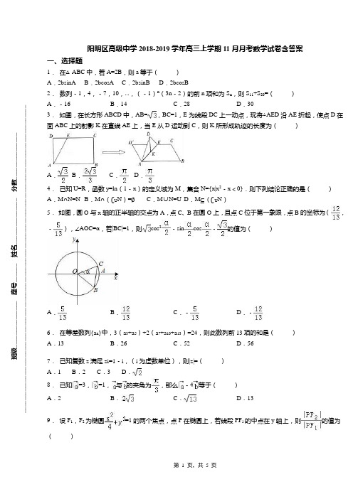 阳明区高级中学2018-2019学年高三上学期11月月考数学试卷含答案