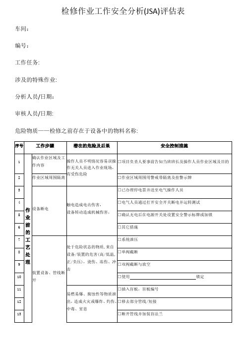 检修作业JHA分析表【范本模板】