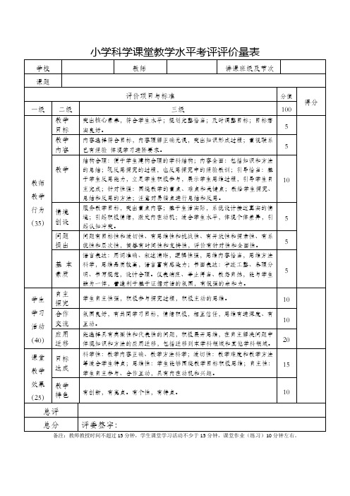 小学科学课堂教学水平评价量表