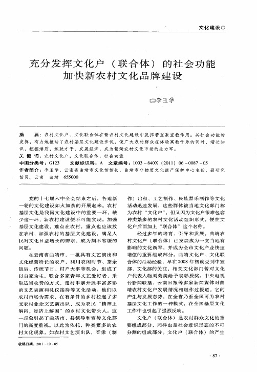 充分发挥文化户(联合体)的社会功能加快新农村文化品牌建设