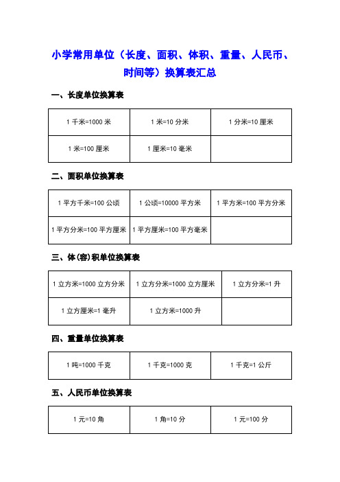 数学单位换算表