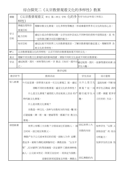 人教版八年级《历史与社会》上册综合探究二《从宗教景观看文化的多样性》优质教案.doc