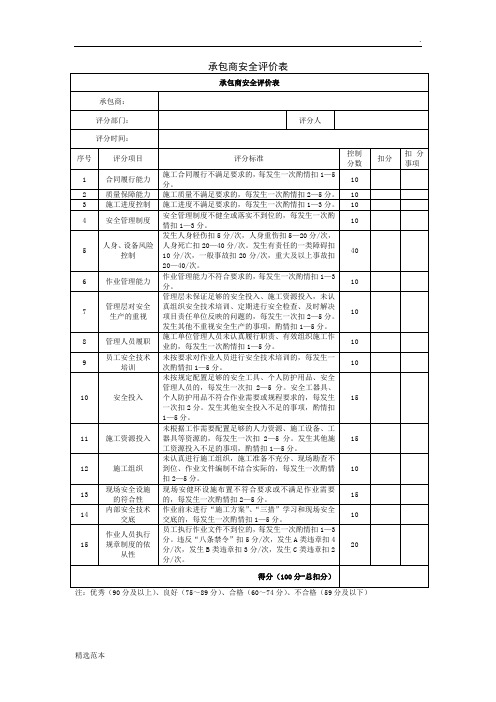 承包商安全业绩评价表