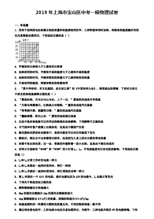 2019年上海市宝山区中考一模物理试卷(含答案解析)