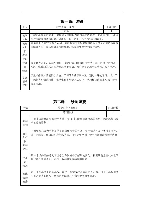 人美版二年级下册美术课时计划