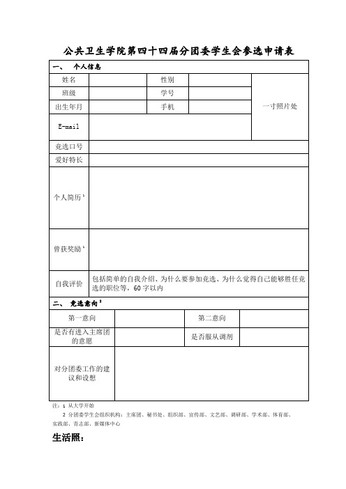 分团委学生会参选申请表