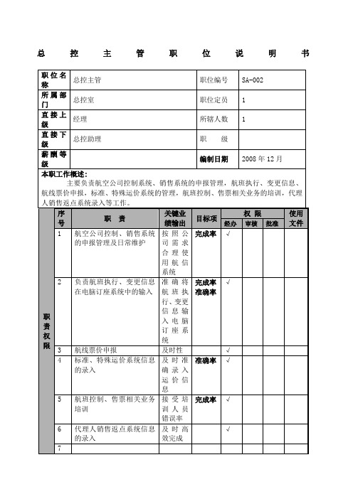 某航空物流公司总控主管职位说明书及关键绩效标准