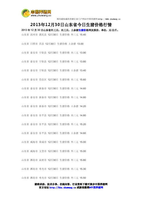 2013年12月30日山东省今日生猪价格行情