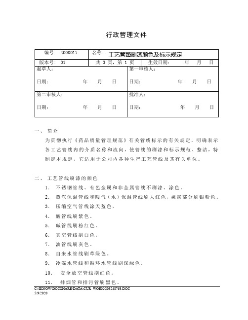 工艺管路刷漆颜色及标示规定