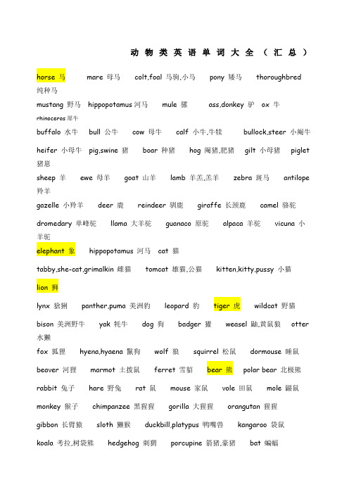 动物类的英语单词大全