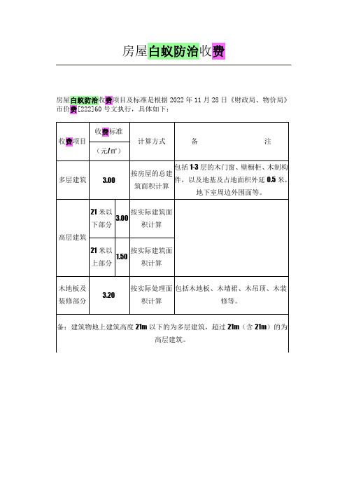 房屋白蚁防治收费标准