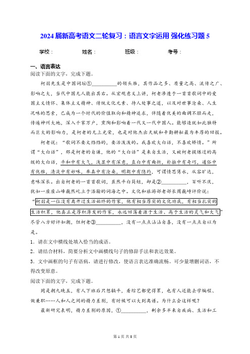 2024届新高考语文二轮复习：语言文字运用 强化练习题5(含答案解析)