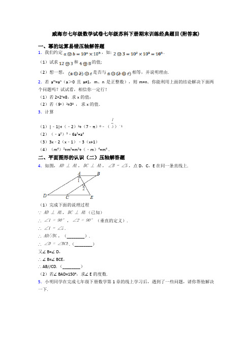 威海市七年级数学试卷七年级苏科下册期末训练经典题目(附答案)