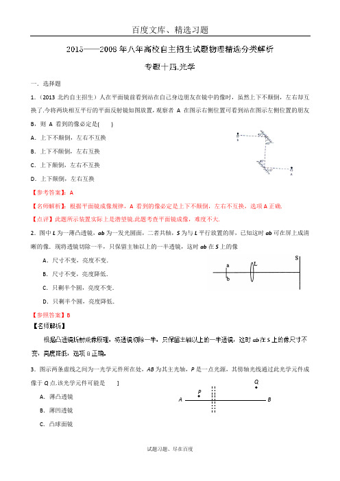 八年(2008-2015年)高校自主招生试题物理精选 专题14 光学  含解析