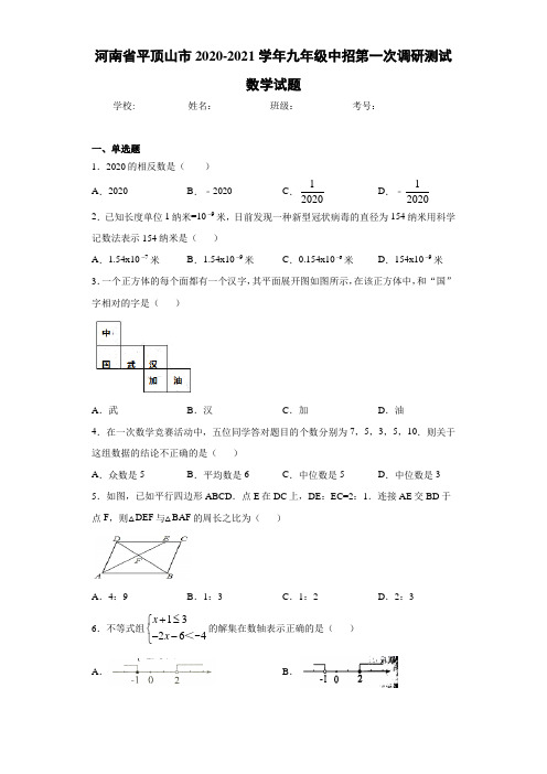 河南省平顶山市2020-2021学年九年级中招第一次调研测试数学试题