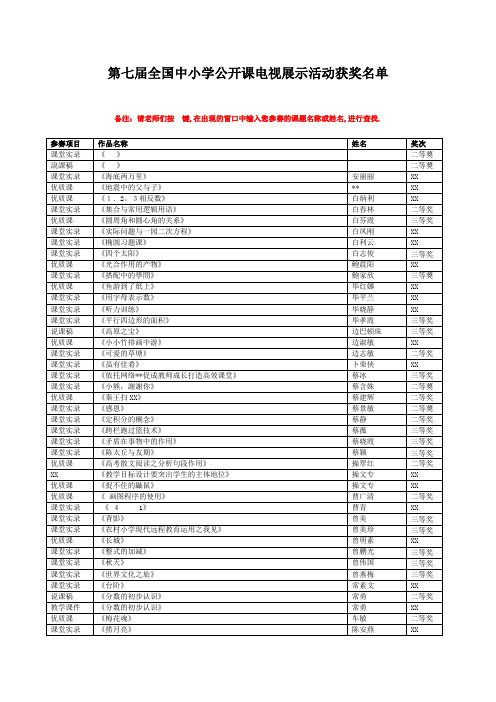 第七届全国中小学公开课电视展示活动获奖名单