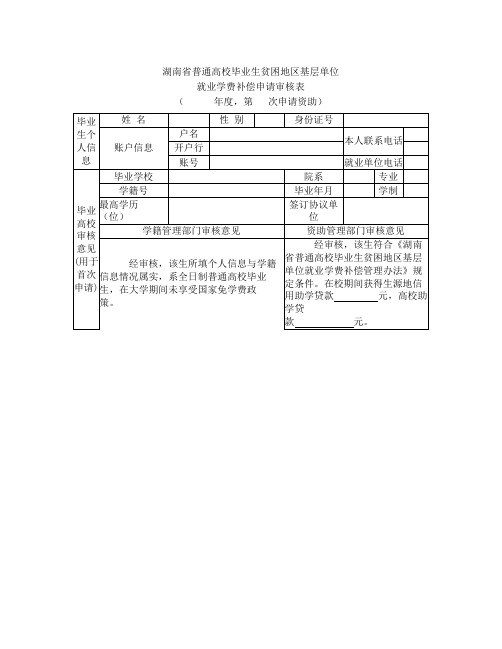 湖南省普通高校毕业生贫困地区基层单位就业学费补偿申请审核表