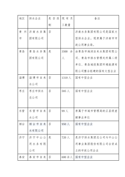 各市自来水公司概况