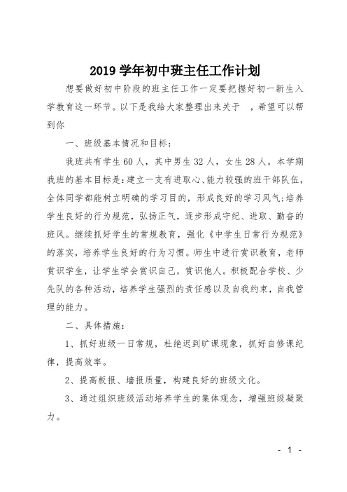 2019学年初中班主任工作计划