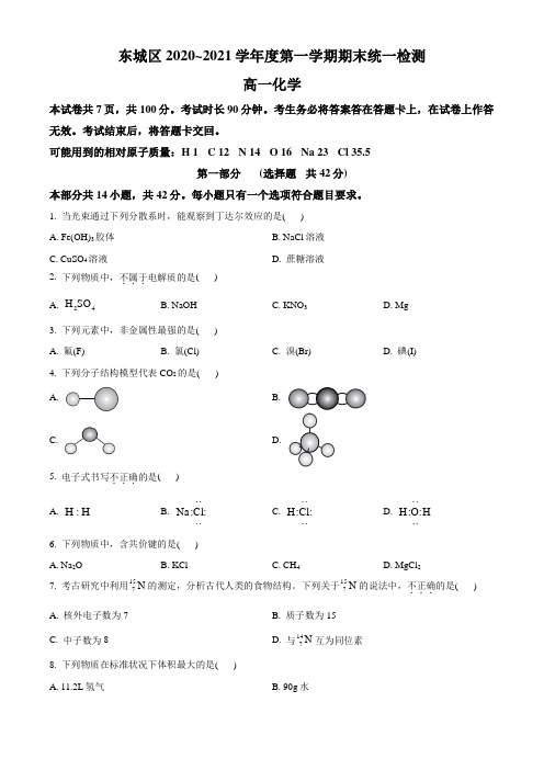 北京市东城区2020-2021学年高一上学期期末考试化学试题 Word版含答案
