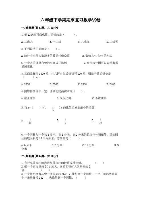 六年级下学期期末复习数学试卷精品含答案