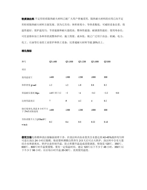 轻质浇注料指标及使用方法综述