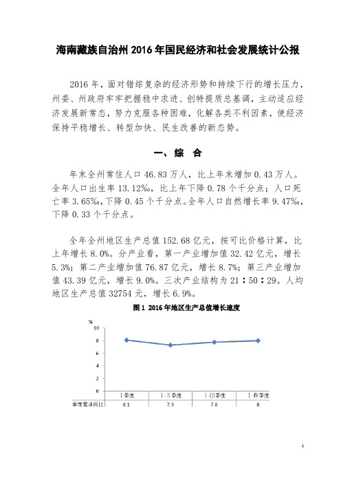 海南藏族自治州2016年国民经济和社会发展统计公报