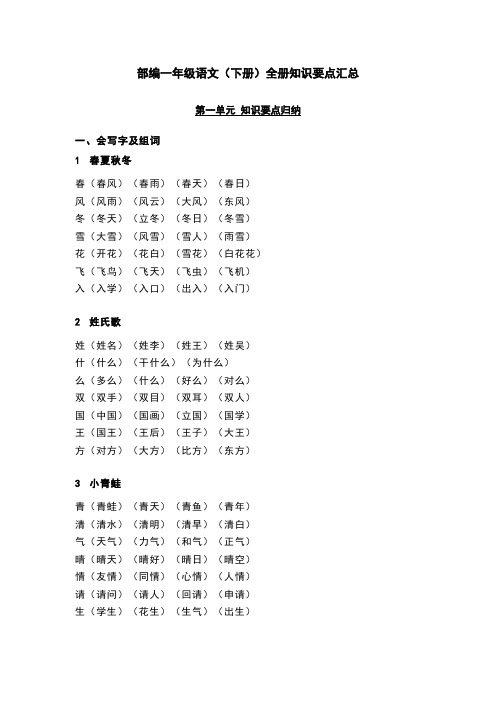 部编一年级语文(下册)全册知识要点汇总