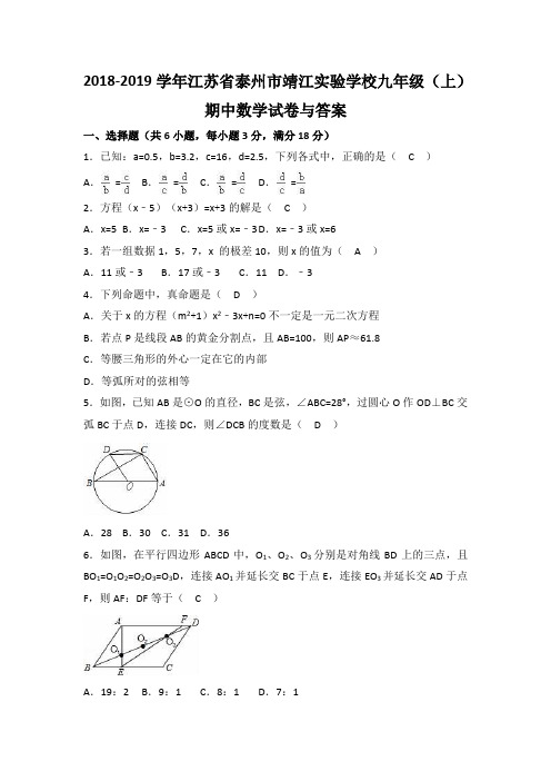 2019江苏泰州靖江实验学校九年级上数学期中试卷