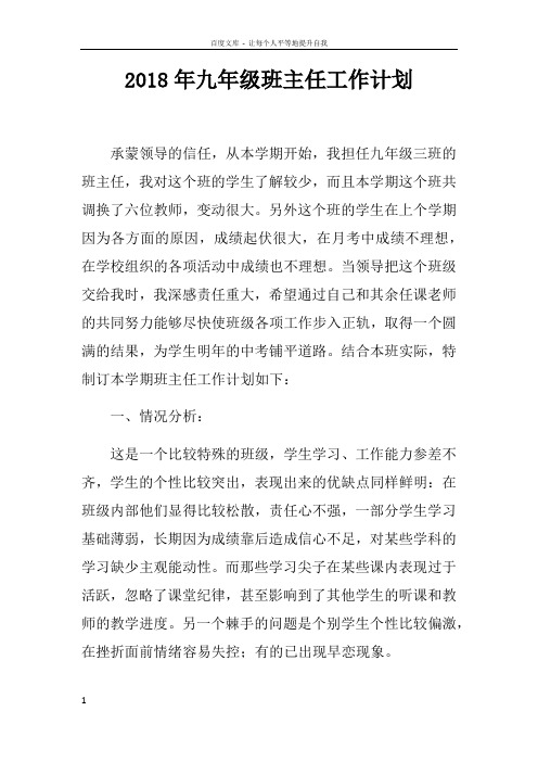 2018年九年级班主任工作计划doc