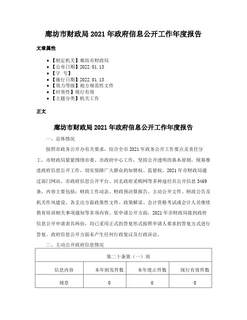 廊坊市财政局2021年政府信息公开工作年度报告