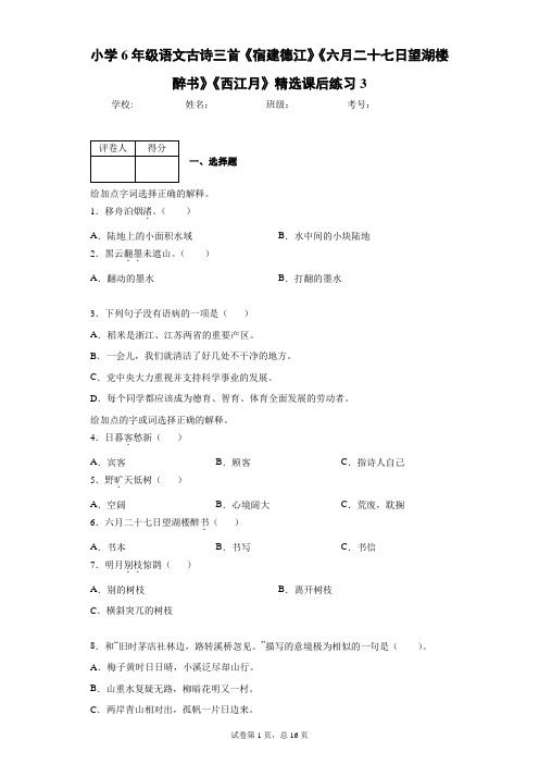 小学6年级语文古诗三首《宿建德江》《六月二十七日望湖楼醉书》《西江月》精选课后练习3(含答案)