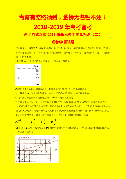 2018年武汉市质检二：湖北省武汉市2018届高三教学质量检测(二)理综物理试题-附答案精品